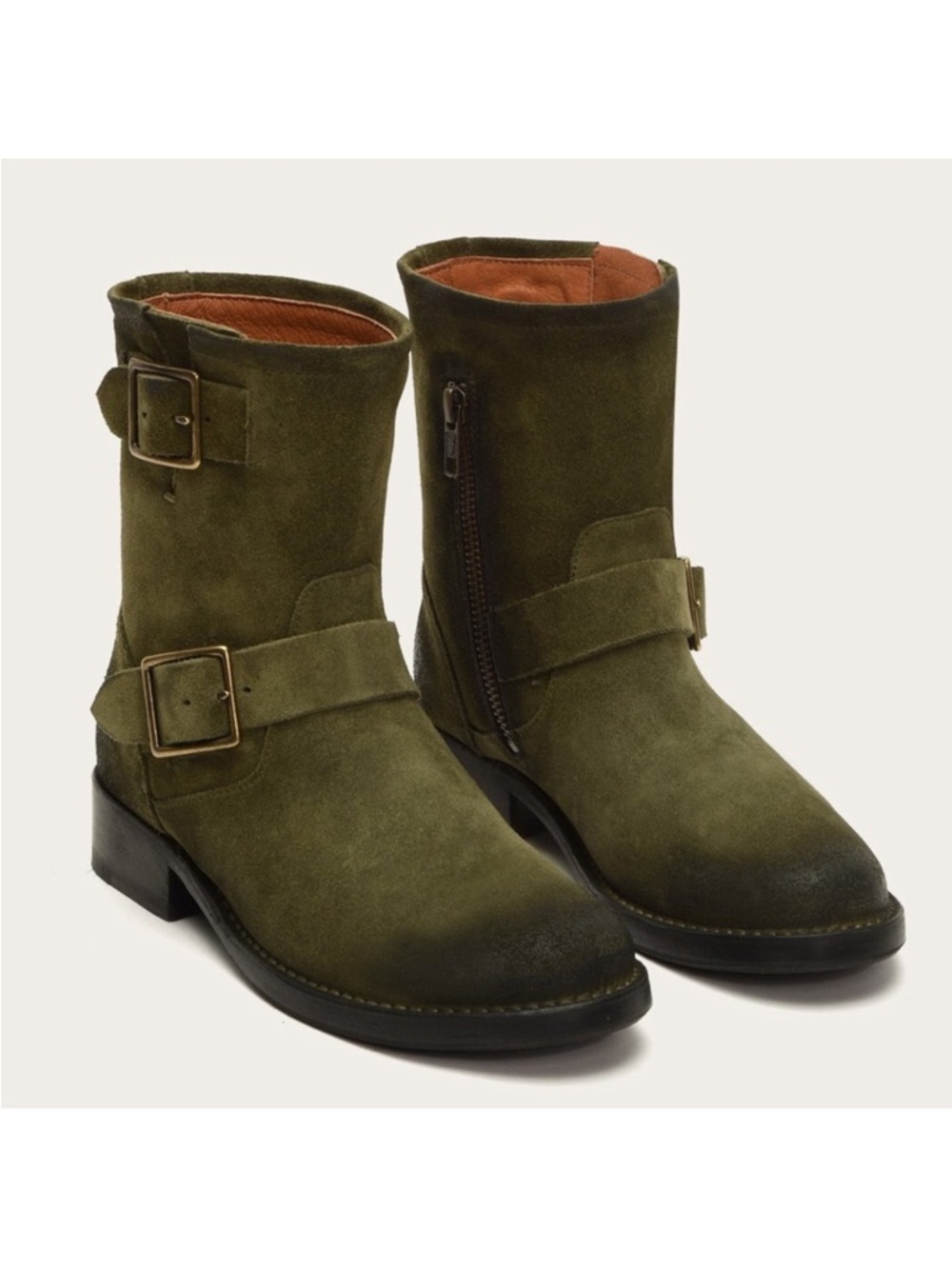 Frye Olive Green Suede Buckle Mid-Calf Vicky Engineer Combat Moto Boots Size 7